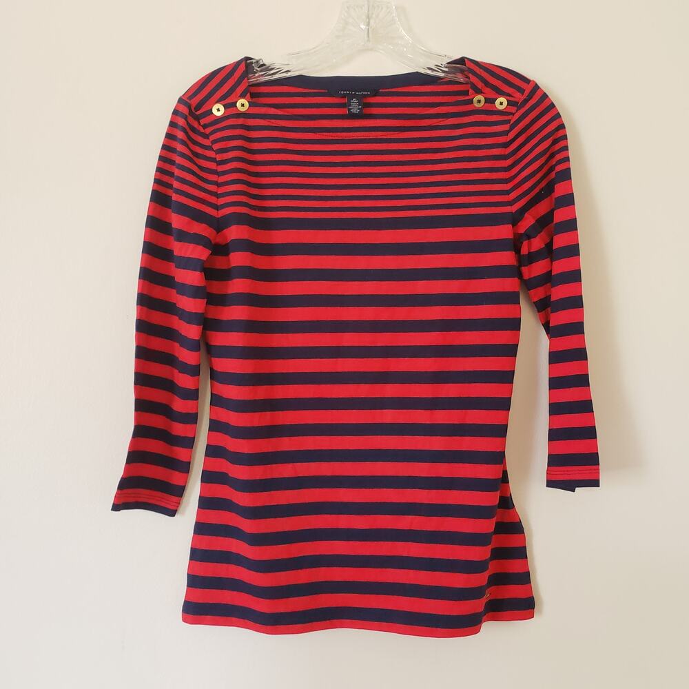 Tommy Hilfiger Boatneck Top Navy Blue & Red Gold Button Shoulders Size XS